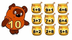 a brown bear standing next to lots of honey jars with numbers on the front and sides