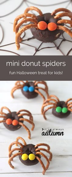 mini donut spiders made with chocolate and candy are the perfect halloween treat for kids