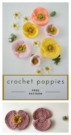 crochet poppys with flowers and leaves on them are featured in the pattern