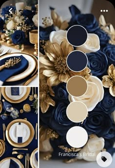 the table is set with blue and gold flowers