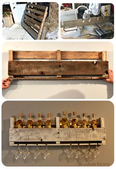 several pictures of wine glasses and bottles on a shelf with wooden pallets attached to it