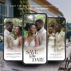 save the date card with three photos in black and white