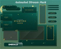 an animated stream pack with gold stars and moon in the sky, on a green background