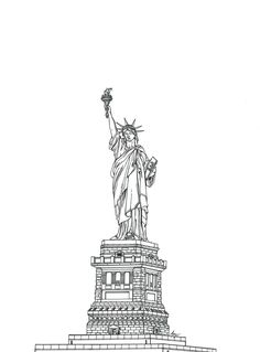 the statue of liberty is shown in this black and white drawing, it appears to be drawn