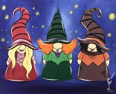 three witches sitting on top of each other in front of a blue sky with stars