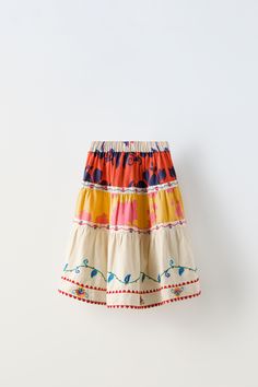 PRINTED EMBROIDERED SKIRT - Blue | ZARA United States Relaxed Cotton Skirt With Embroidery, Cotton Embroidered Skirt With Relaxed Fit, Playful Blue Cotton Skirt, Embroidered Cotton Flowy Skirt, Cotton Skirt With Embroidered Hem, Embroidered Flowy Cotton Skirt, Long Cotton Skirt With Embroidered Hem, Flowy Cotton Skirt With Embroidery, Casual Embroidered Tiered Skirt