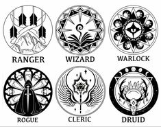 six circular emblems with different symbols in black and white