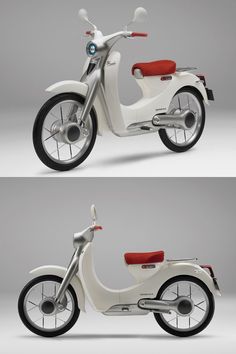 two different views of an electric scooter in white and red, with the seat up