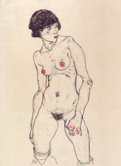 a drawing of a naked woman standing in front of a white wall