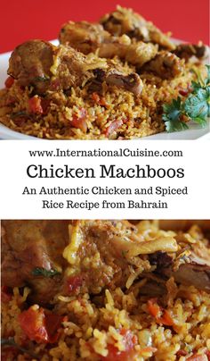 chicken and rice dish on a plate with the title in the middle, an authentic recipe from bahrini