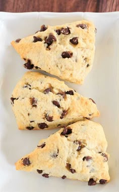 three different views of chocolate chip scones on a plate and in the same photo