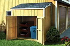 a wooden shed with three storage bins in the door and one on the side