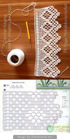 crochet pattern with yarn and thread on the table next to it is an image of