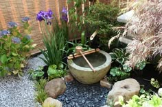 an outdoor garden with rocks and plants in the center, including water fountain surrounded by purple flowers