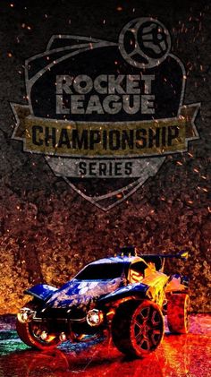 the rocket league championship car is shown in front of an orange and blue background with words above it