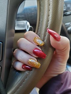 Chiefs Nail Ideas, Kansas City Chiefs Acrylic Nails, Usc Nails Design, Chief Nails Kansas City, Kansas City Nails, Red And Yellow Nail Designs, Kansas City Chiefs Nails Designs, Chief Nails