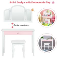 Kids Princess Make Up Dressing Table with Tri-folding Mirror and Chair-White","Key FeaturesPerfect Gift for Little Girls: Every girl has a dream of being a princess to dress up beautifully. This dressing table set has a beautiful and unique design, which can make your child feel like a real princess. It is ideal to choose this vanity set as a birthday or Christmas gift for your little one. Sturdy and Stable Construction: This dressing table set is made of high quality durable MDF, which is sturd Fun Trinkets, Boy And Girl Shared Room, Kids Vanity Set, Dressing Table With Drawers, Reading Desk, Makeup Dressing Table, Princess Makeup, Folding Mirror, Vanity Set With Mirror