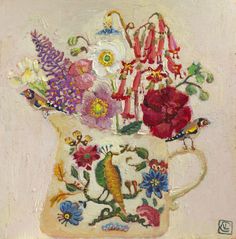 a painting of flowers and birds in a vase