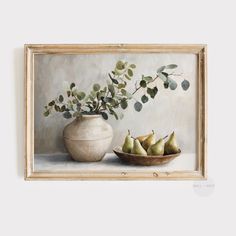 an oil painting of some fruit and a vase with leaves on the table next to it