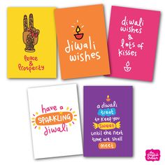 four different greeting cards with handwritten words and phrases on the front, two are orange, one is pink, one is yellow