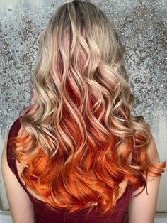 blonde hair with red underneath, sunset hair Blonde Hair Orange Underneath, Blonde Hair Red Highlights, Fire Ombre Hair, Red Hair Tips, Peekaboo Hair Colors, Hair Color Orange