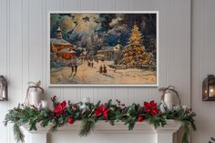 a painting on the wall above a fireplace decorated for christmas