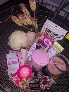 the basket is full of beauty products and other things to be used in this photo