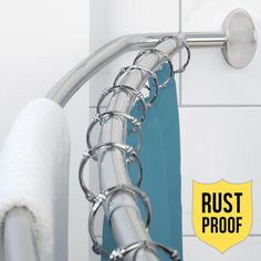 a close up of a shower curtain with the rust proof sticker on it's side