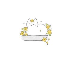 a drawing of a cat laying down with yellow flowers around it