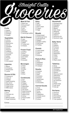 a black and white printable grocery list with the words straight out groceries on it