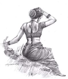 a pencil drawing of a woman sitting on top of a grass covered hill with her hands behind her head