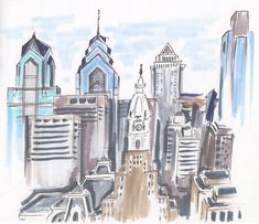 a drawing of a cityscape with tall buildings and a clock tower in the center