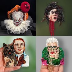 four different pictures of people made out of bead and glass beads, each with a woman's face on it