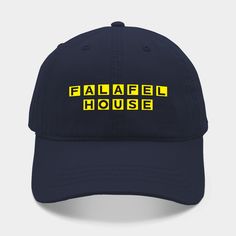 the falafel house hat in navy and yellow is shown on a white background