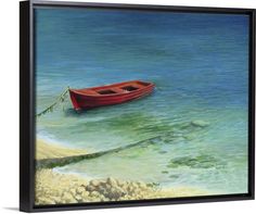 a painting of a red boat floating in the ocean