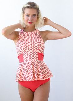 COLOR-BLOCK PEPLUM HIBISCUS DOT TANKINI Modest Swimwear Tankini, Peplum Tankini, Modest Swim, Sewing Details, Pink Desert, Swimming Suits, Sandy Shores, Modest Swimwear