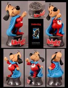 four different pictures of a cartoon character in various poses, with the caption underdog