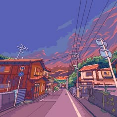 an image of a city street with power lines in the air and buildings on both sides