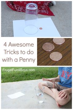 four different pictures with the words 4 awesome tricks to do with a penny