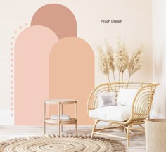 a living room with pink walls and furniture in the corner, including a rattan chair