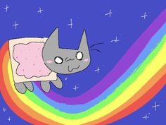 a drawing of a cat wearing a dress with a rainbow in the background