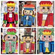 four different images of nutcrackers made out of paper mache and colored pencils