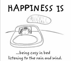 a cartoon drawing of a person in bed with the caption happiness is being cozy in bed listening to the rain and wind