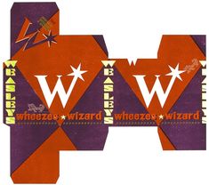 an orange and purple box with white stars on the top, and words below it