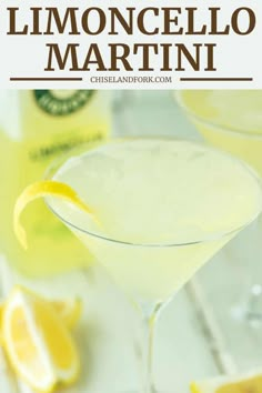 a close up of a drink in a glass with lemons on the side and text overlay