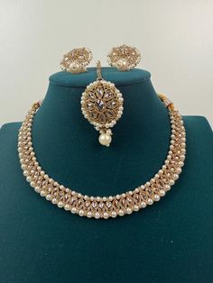 Kundan necklace/Indian necklace/Indian/Punjabi Necklace/Pakistani Jewelry/Bridal necklace/ Polki Necklace Set with Earrings and Tikka  Earrings Length: Pakistani Jewelry Bridal, Punjabi Necklace, Bridal Necklace Indian, Gold Necklace Wedding, Polki Necklace, Necklace Indian, Indian Necklace, Kundan Necklace, Necklace Bridal