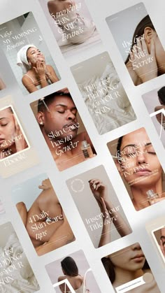 the covers of skin care magazines are arranged on a white surface with multiple images of women's faces