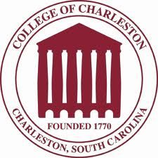 the college of charleston seal is shown in red and white, with columns on it