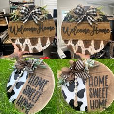 two wooden signs that say welcome home and have bows on them