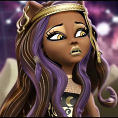 an animated image of a woman with purple hair and gold jewelry on her head, wearing a tiara